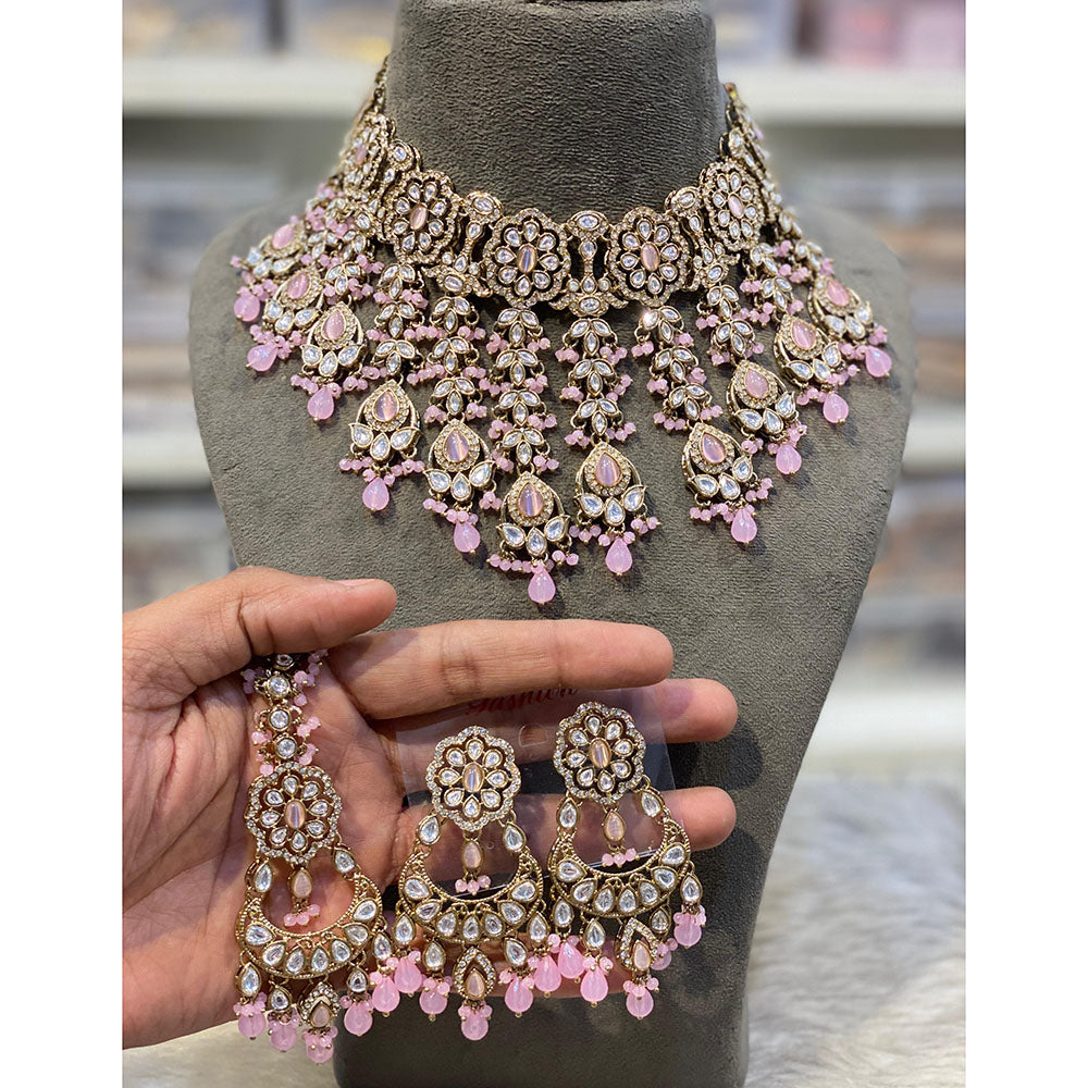 Hira Collections Elegant Pota Stone And Austrian Stone Pearl Choker Necklace Set