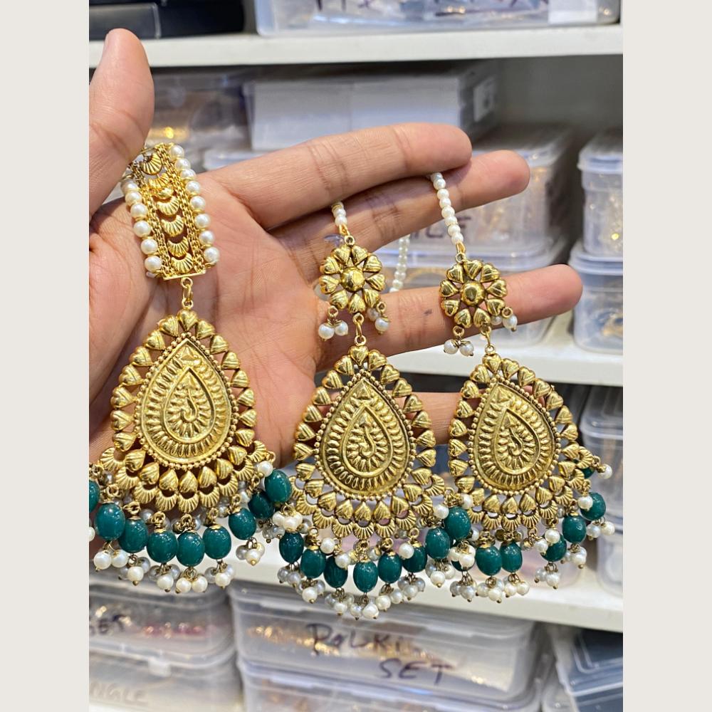 Hira Collections Stylish Beads And Pearl Dangler Earrings With Maang Tikka