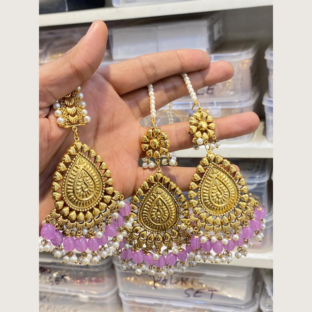 Hira Collections Stylish Beads And Pearl Dangler Earrings With Maang Tikka