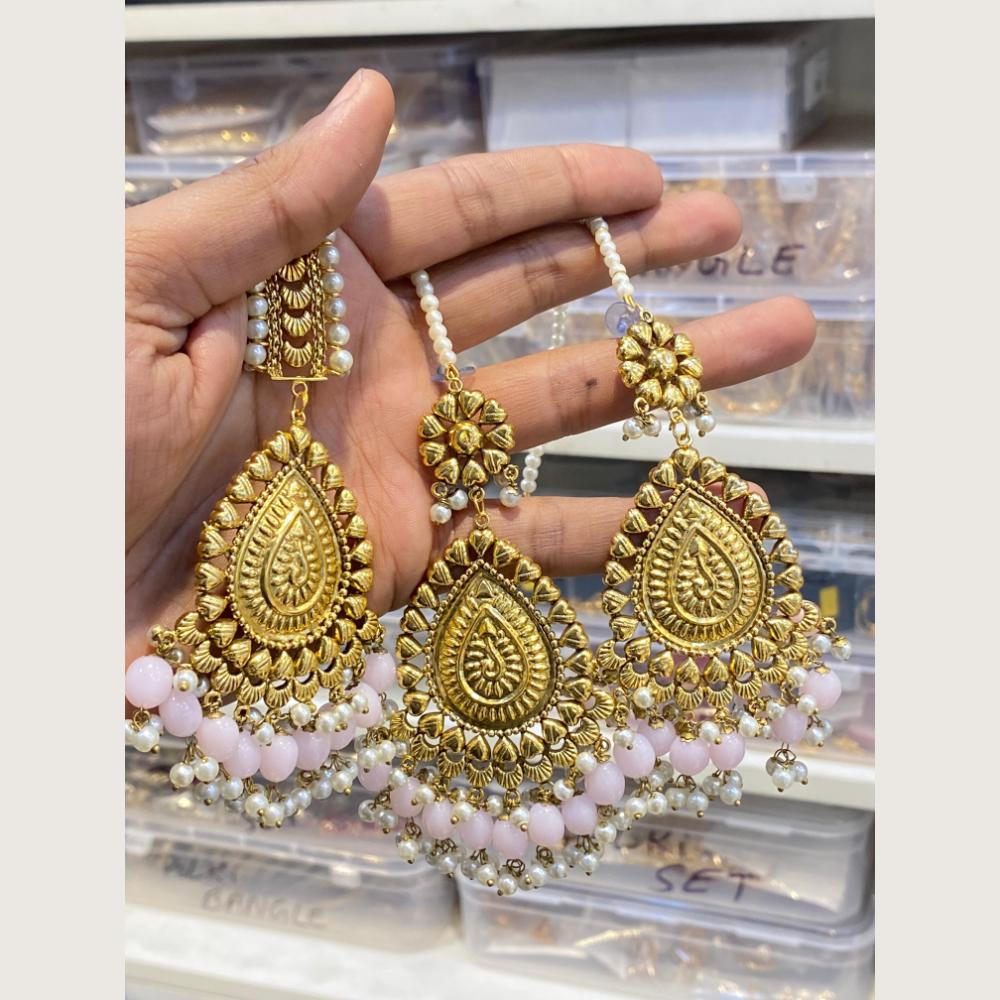 Hira Collections Stylish Beads And Pearl Dangler Earrings With Maang Tikka