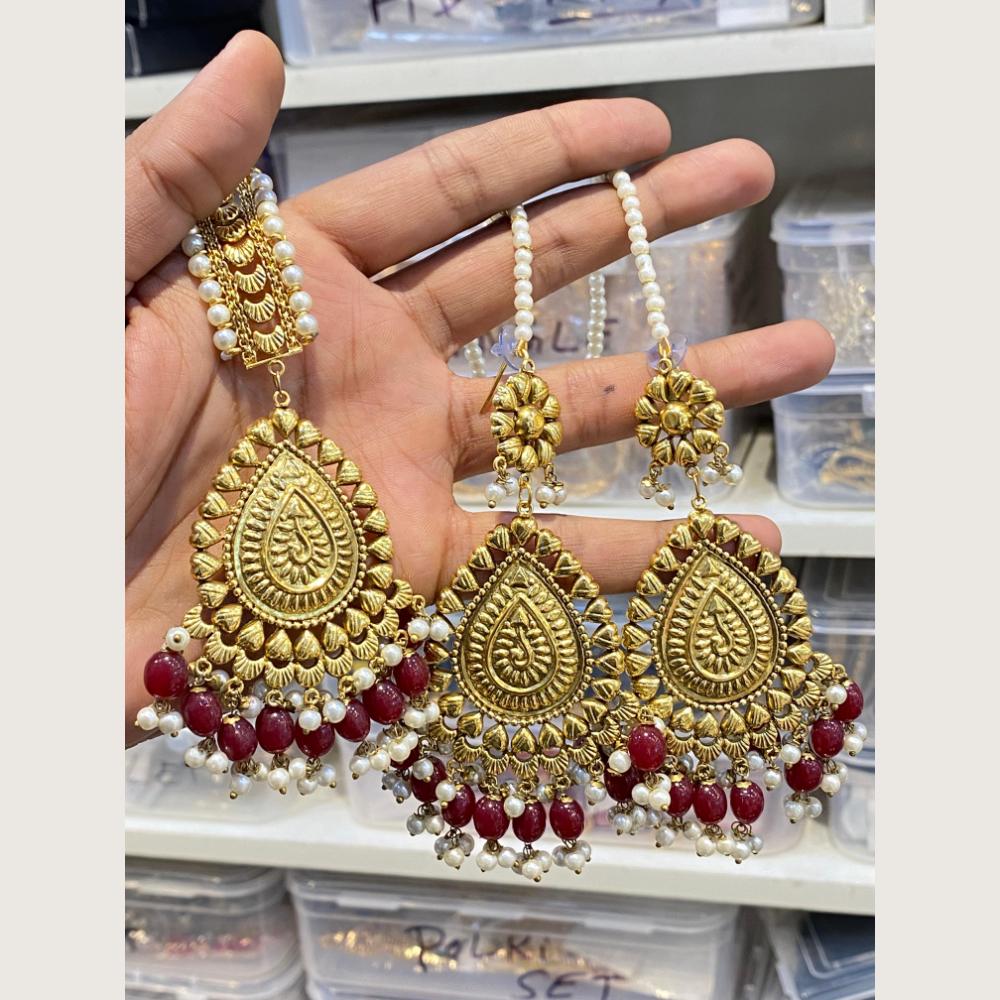 Hira Collections Stylish Beads And Pearl Dangler Earrings With Maang Tikka