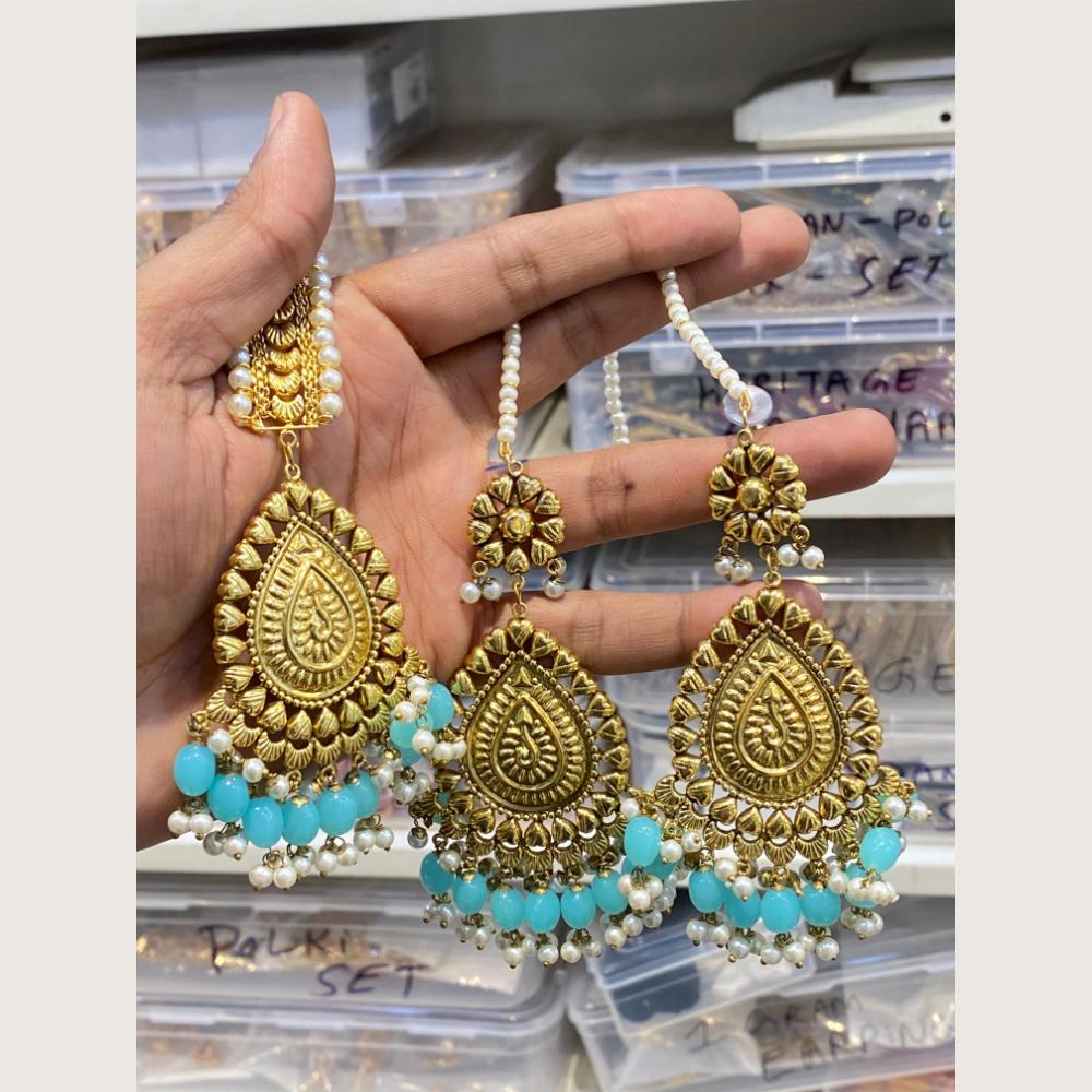 Hira Collections Stylish Beads And Pearl Dangler Earrings With Maang Tikka