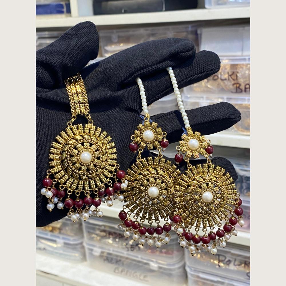 Hira Collections Stylish Beads And Pearl Dangler Earrings With Maang Tikka