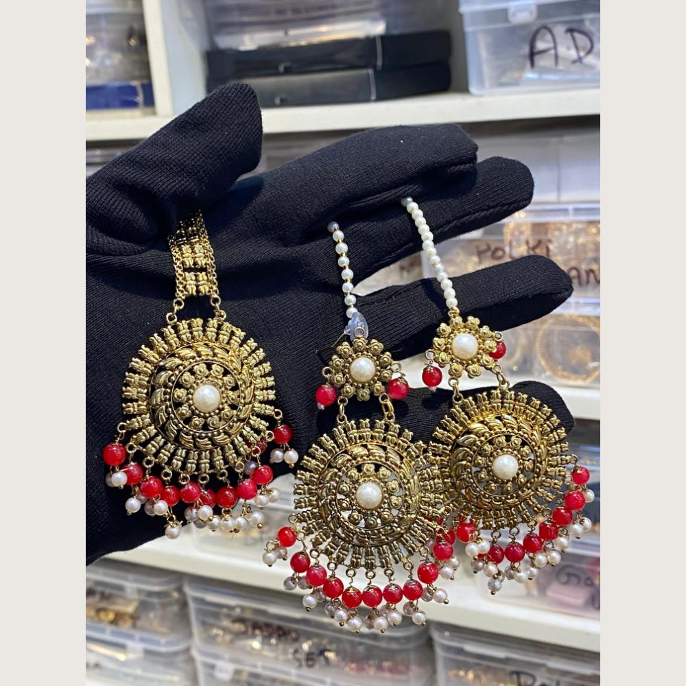 Hira Collections Stylish Beads And Pearl Dangler Earrings With Maang Tikka