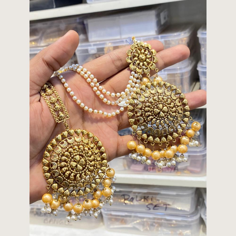 Hira Collections Stylish Beads And Pearl Dangler Earrings With Maang Tikka