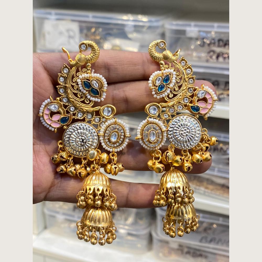 Hira Collections Designer 2 Tone Kundan Stone And Ghungroo Meenakari Jhumki Earrings