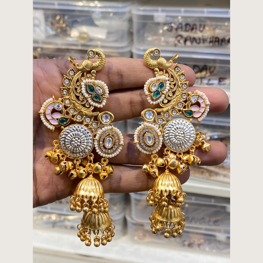 Hira Collections Designer 2 Tone Kundan Stone And Ghungroo Meenakari Jhumki Earrings