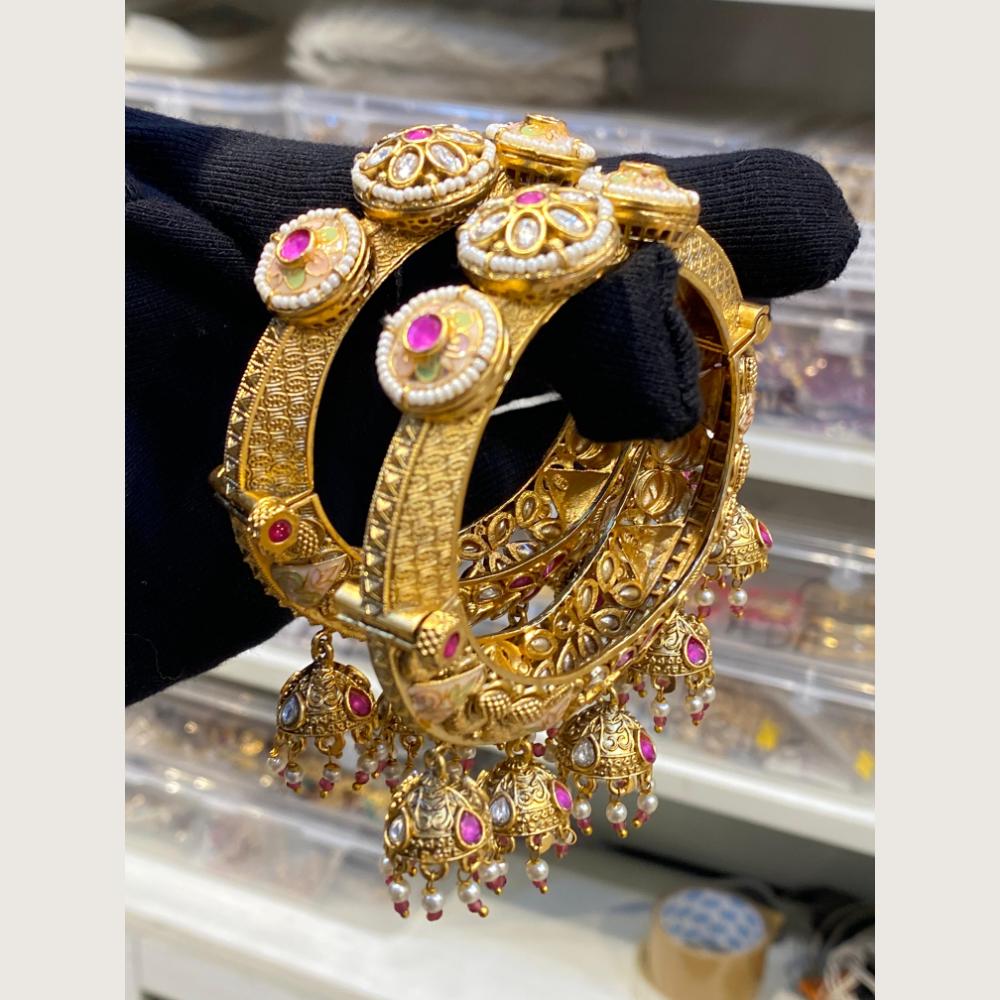 Hira Collections Royal Pota Stone And Pearl Openable Meenakari Bangles Set