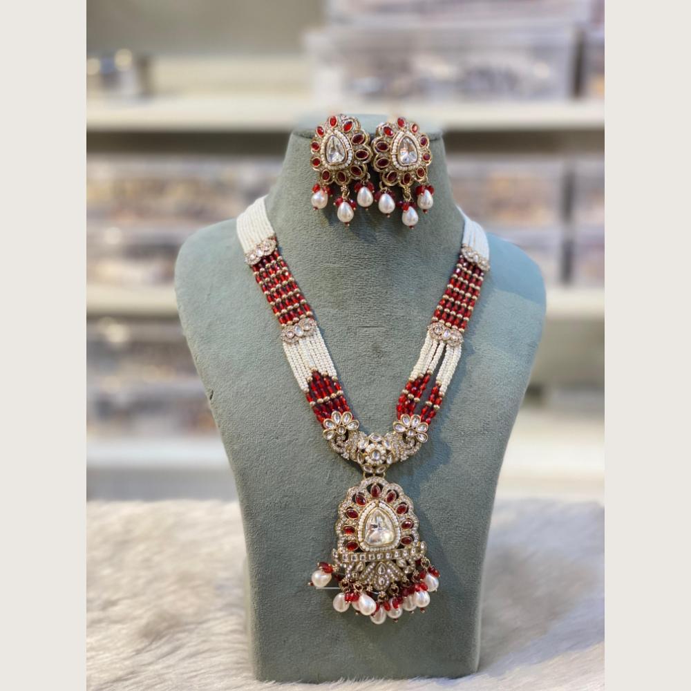 Hira Collections Elegant Pota Stone And Austrian Stone Pearl Long Necklace Set