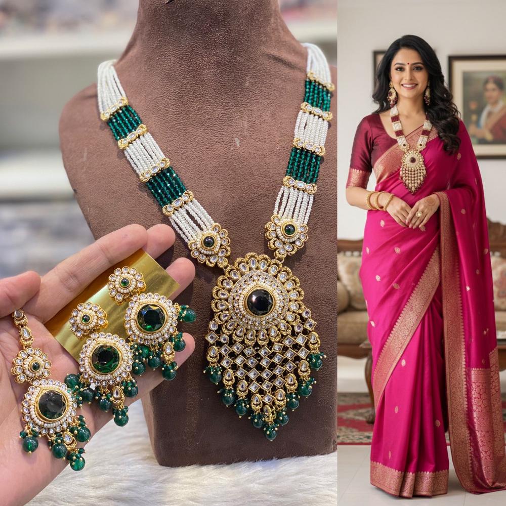 Hira Collections Elegant Kundan Stone And Austrian Stone Beads Long Necklace Set