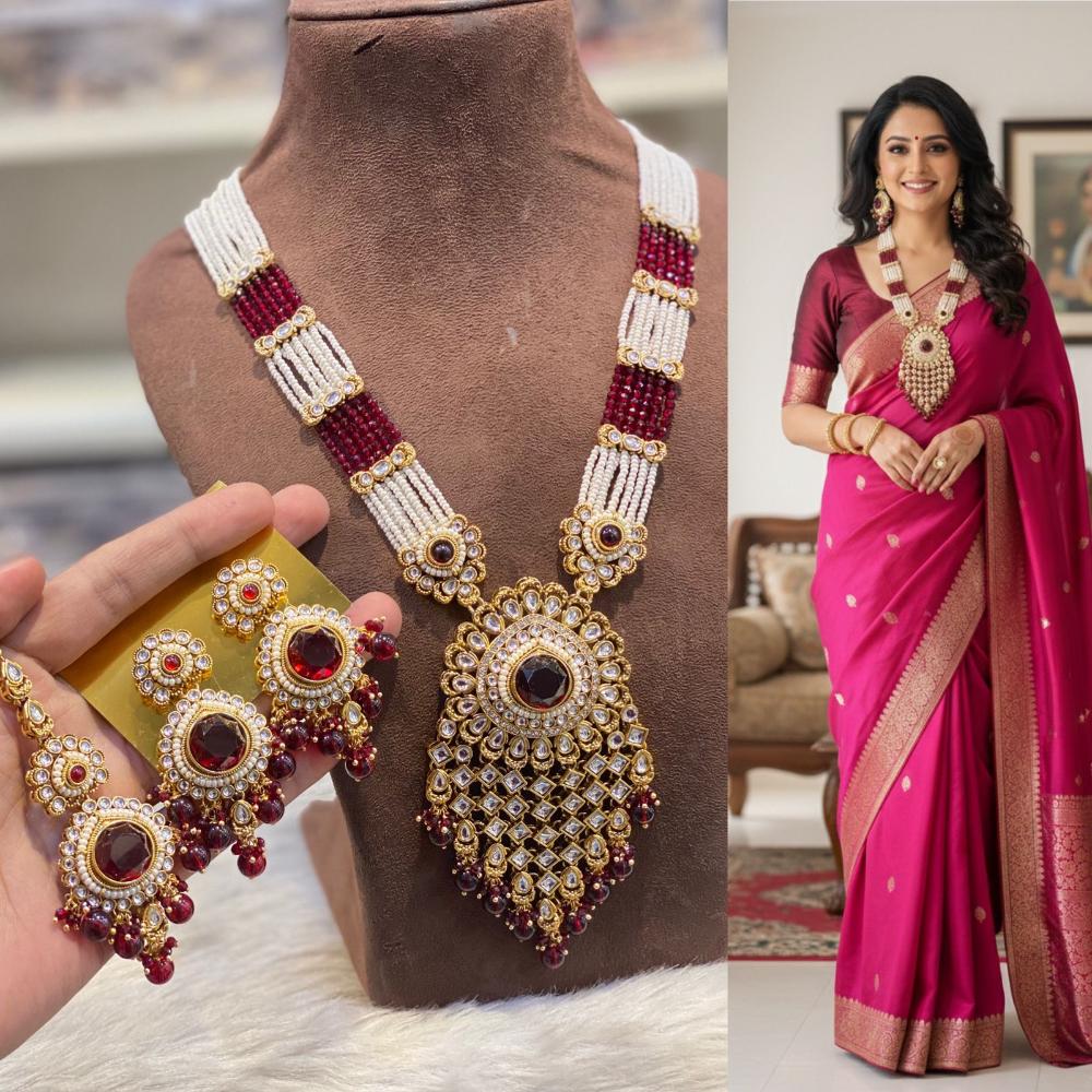 Hira Collections Elegant Kundan Stone And Austrian Stone Beads Long Necklace Set