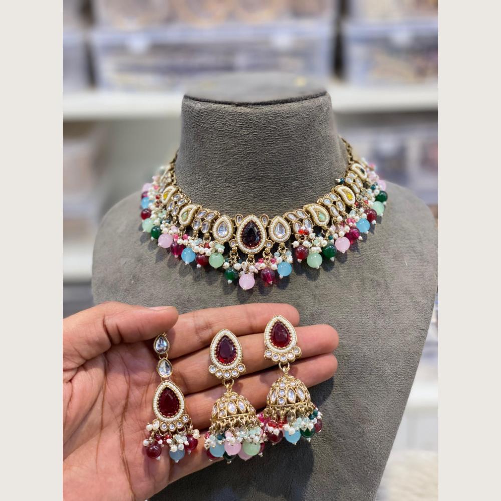Hira Collections Premium Pota Stone Pearl And Beads Choker Necklace Set