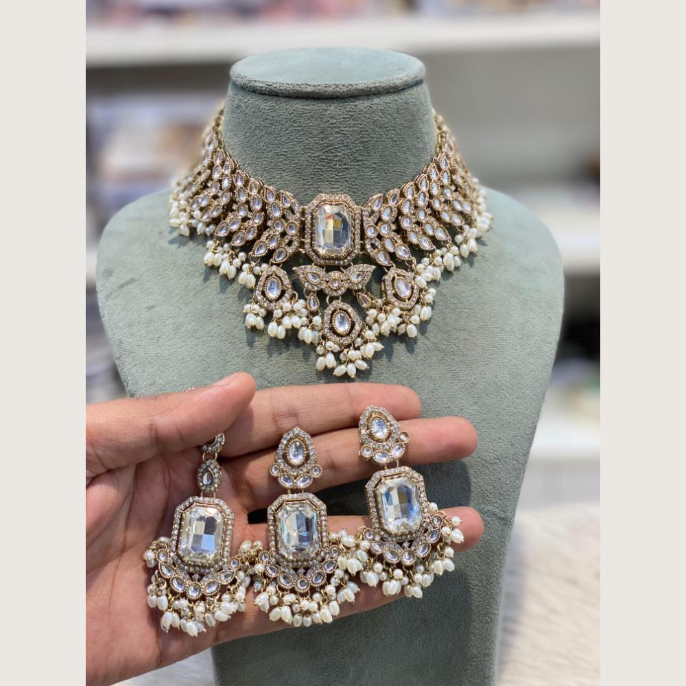 Hira Collections Premium Pota And Austrian Stone Pearl Choker Necklace Set