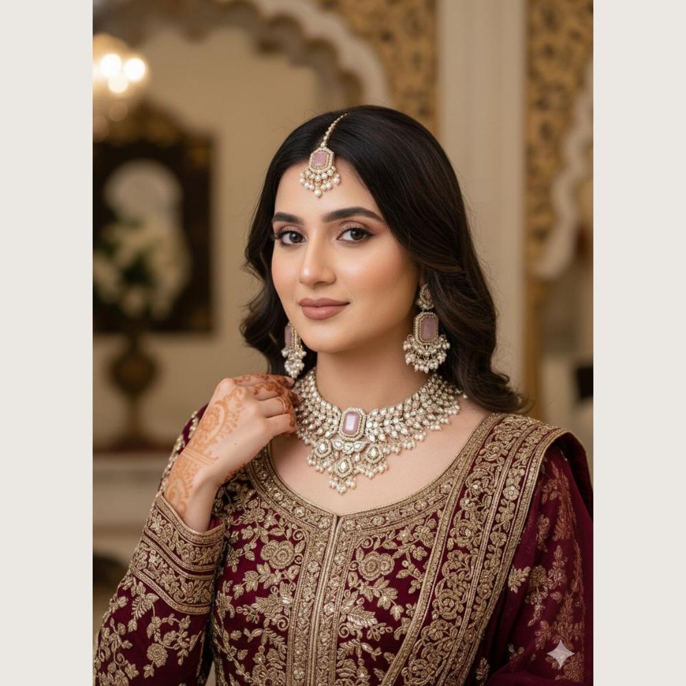 Hira Collections Premium Pota Stone And Austrian Stone Necklace Set  