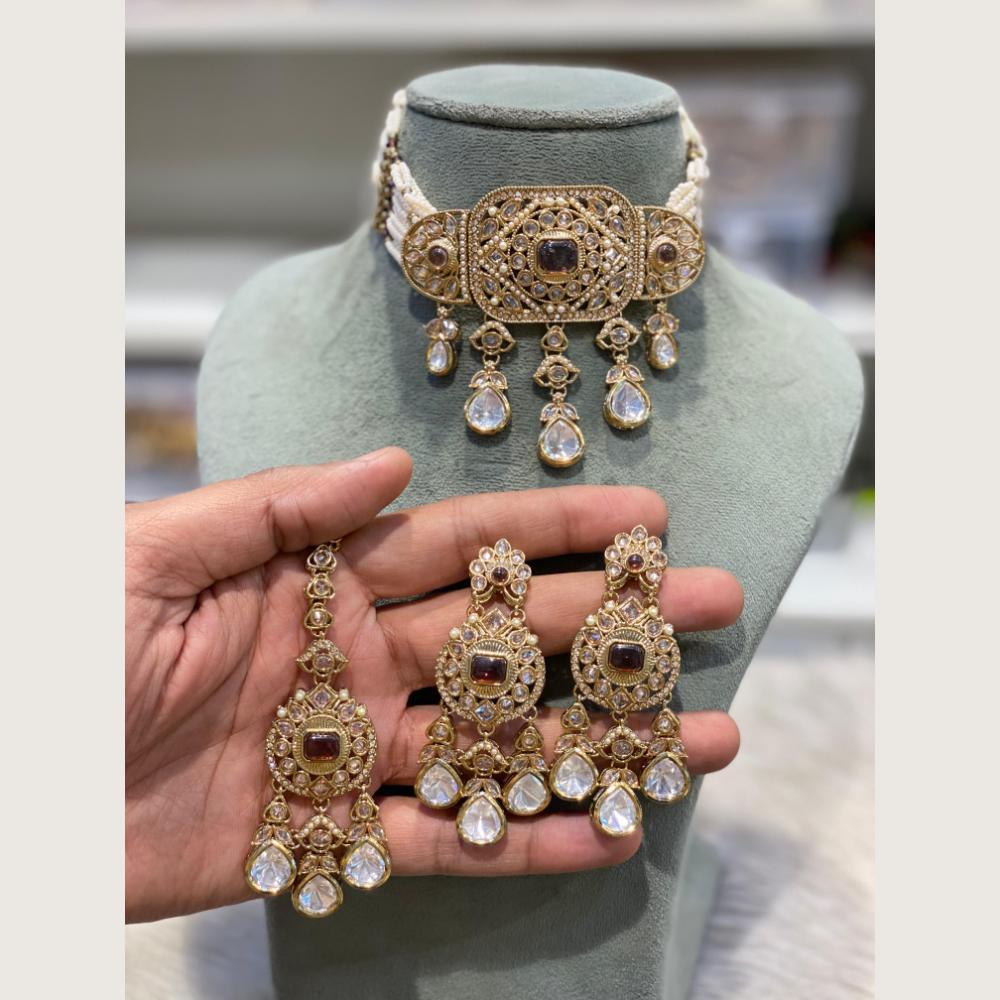 Hira Collections Indian Ethnic Crystal Stone And Pearl Choker Necklace Set