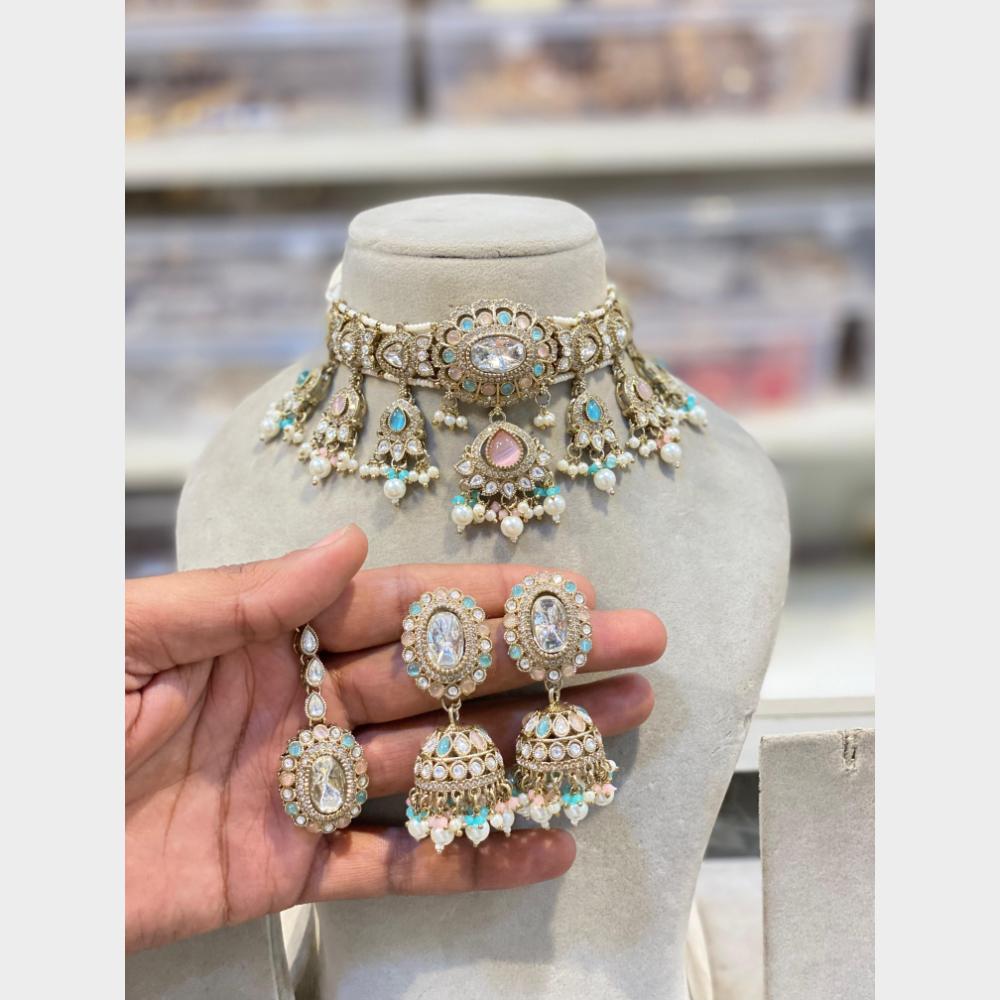 Hira Collections Premium Pota Stone And Austrian Stone Pearl Choker Necklace Set  