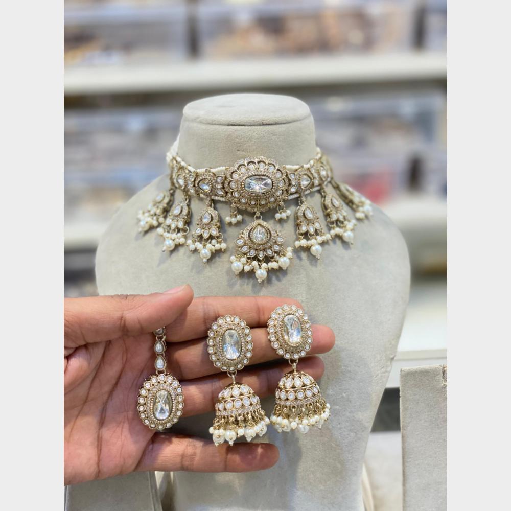Hira Collections Premium Pota Stone And Austrian Stone Pearl Choker Necklace Set