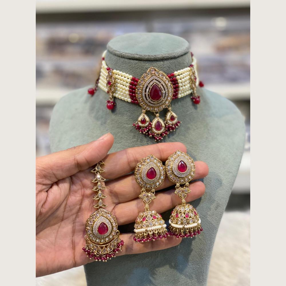 Hira Collections Indian Ethnic Crystal Stone And Pearl Choker Necklace Set