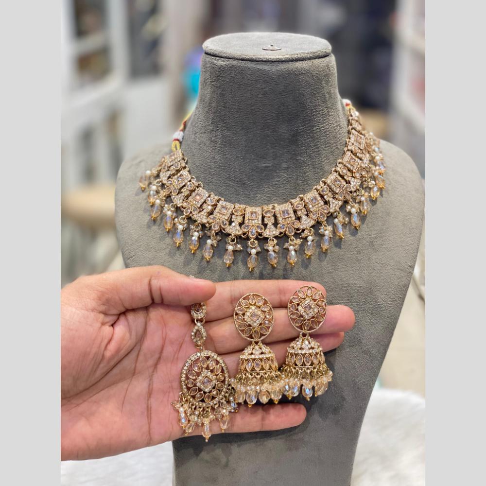 Hira Collections Grand Crystal Stone And Pearl Choker Necklace Set