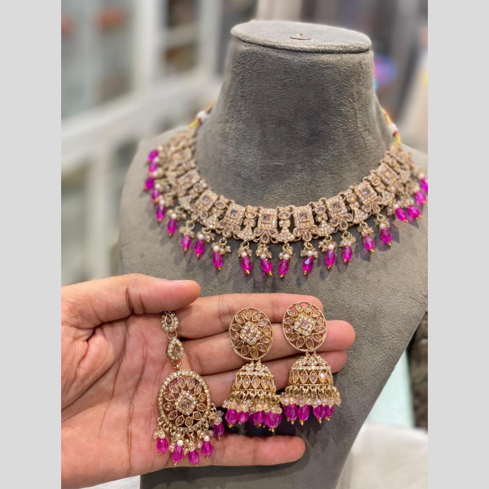 Hira Collections Grand Crystal Stone And Pearl Choker Necklace Set