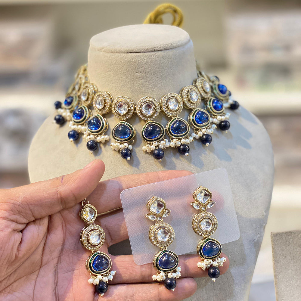 Hira Collections Glamorous Kundan And Pota Stone Pearl Choker Necklace Set