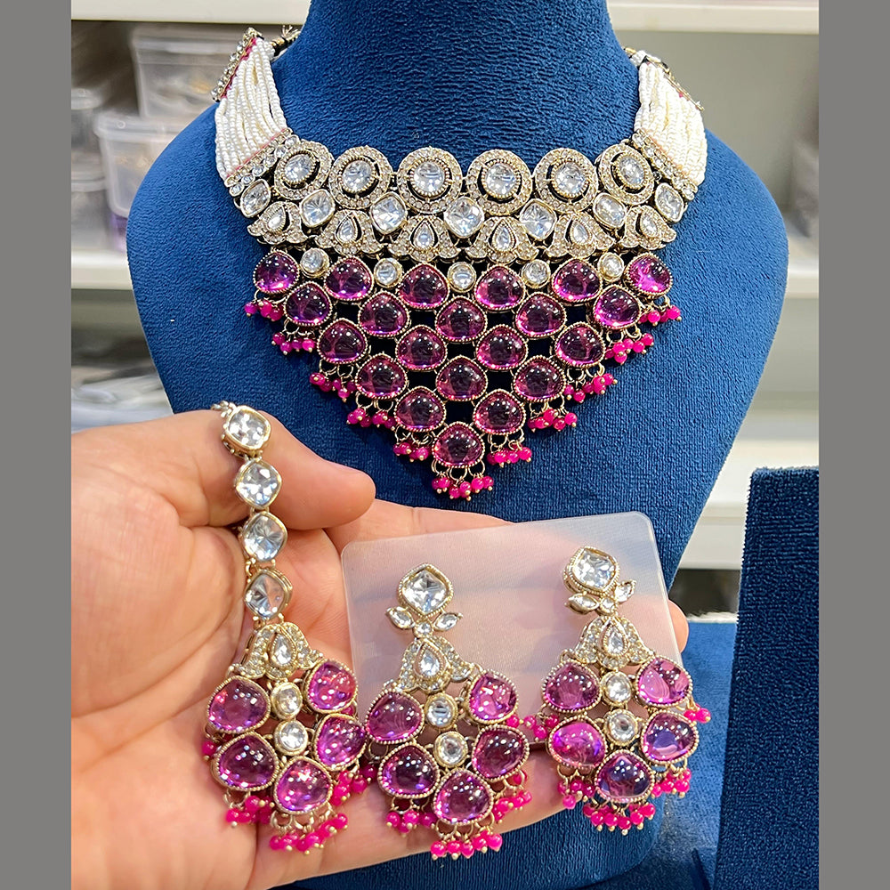 Hira Collections Glamorous Kundan And Pota Stone Pearl Choker Necklace Set