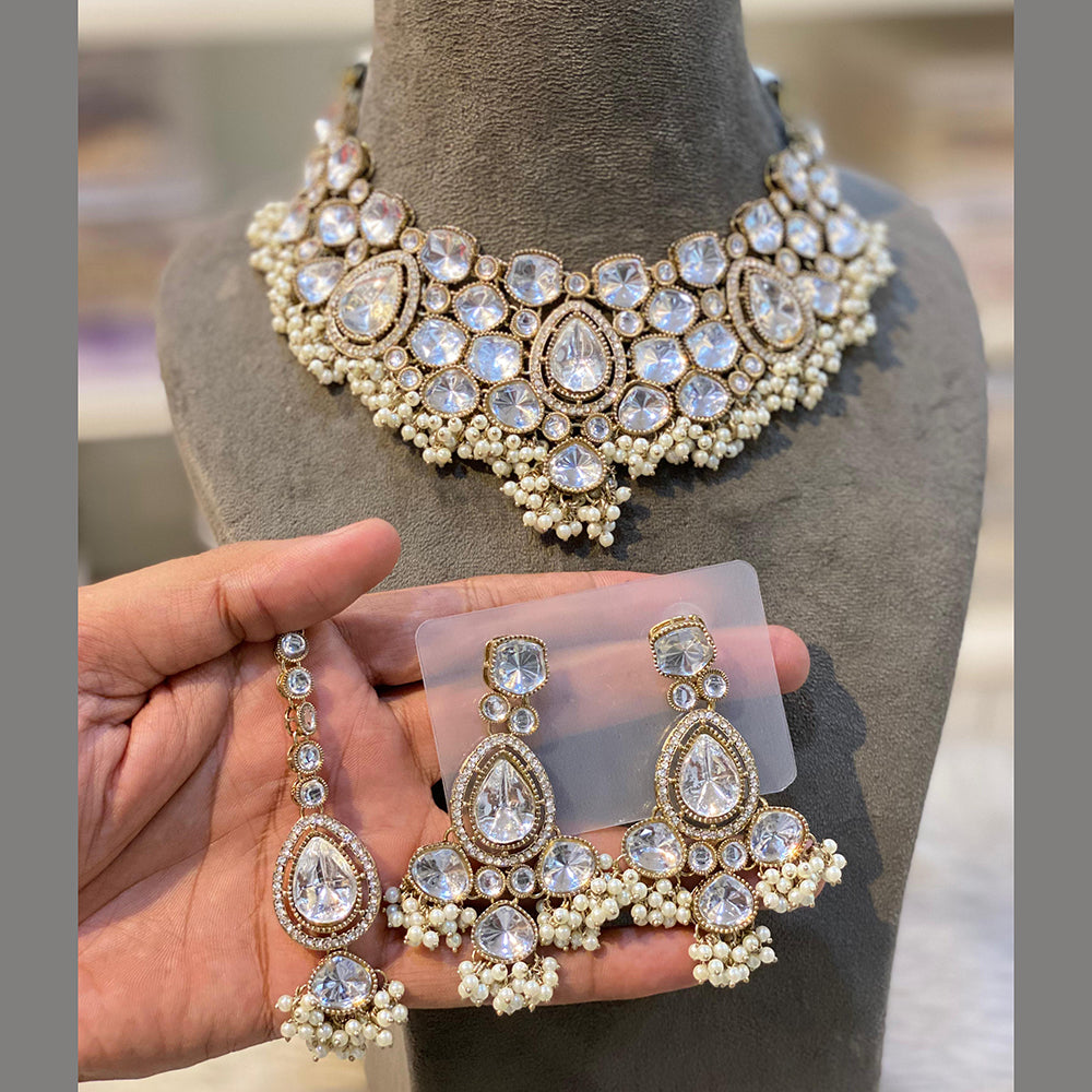 Hira Collections Grand Crystal Pearl And Austrian Stone Choker Necklace Set