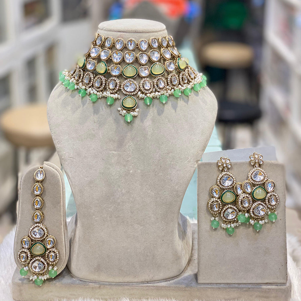 Hira Collections Glamorous Kundan And Pota Stone Pearl Choker Necklace Set