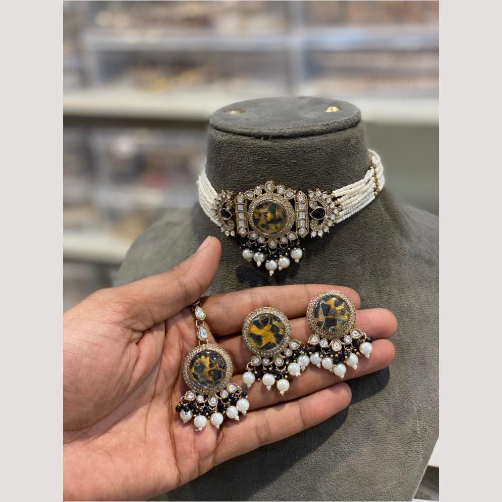 Hira Collections Glamorous Druzy Crystal Stone And Pearl Choker Necklace Set