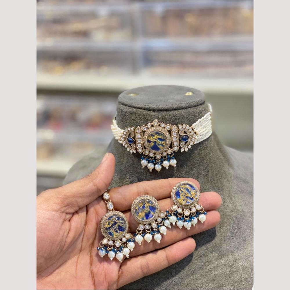 Hira Collections Glamorous Druzy Crystal Stone And Pearl Choker Necklace Set