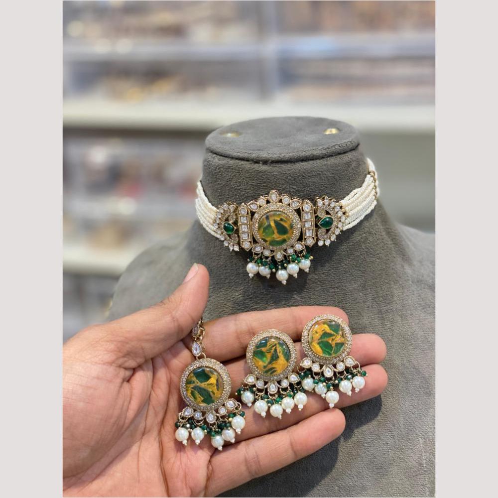 Hira Collections Glamorous Druzy Crystal Stone And Pearl Choker Necklace Set