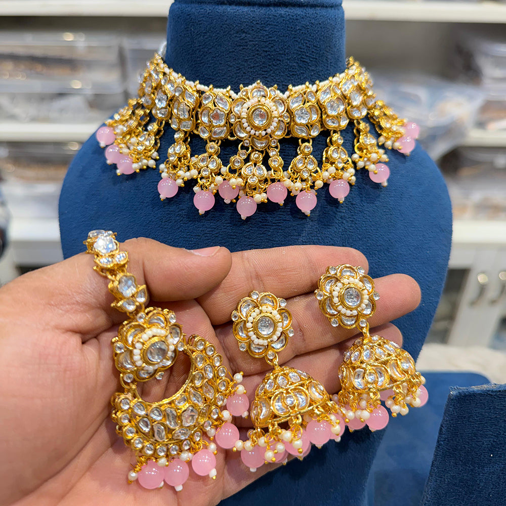 Hira Collections Kundan Stone Glamorous Pearl And Beads Choker Necklace Set