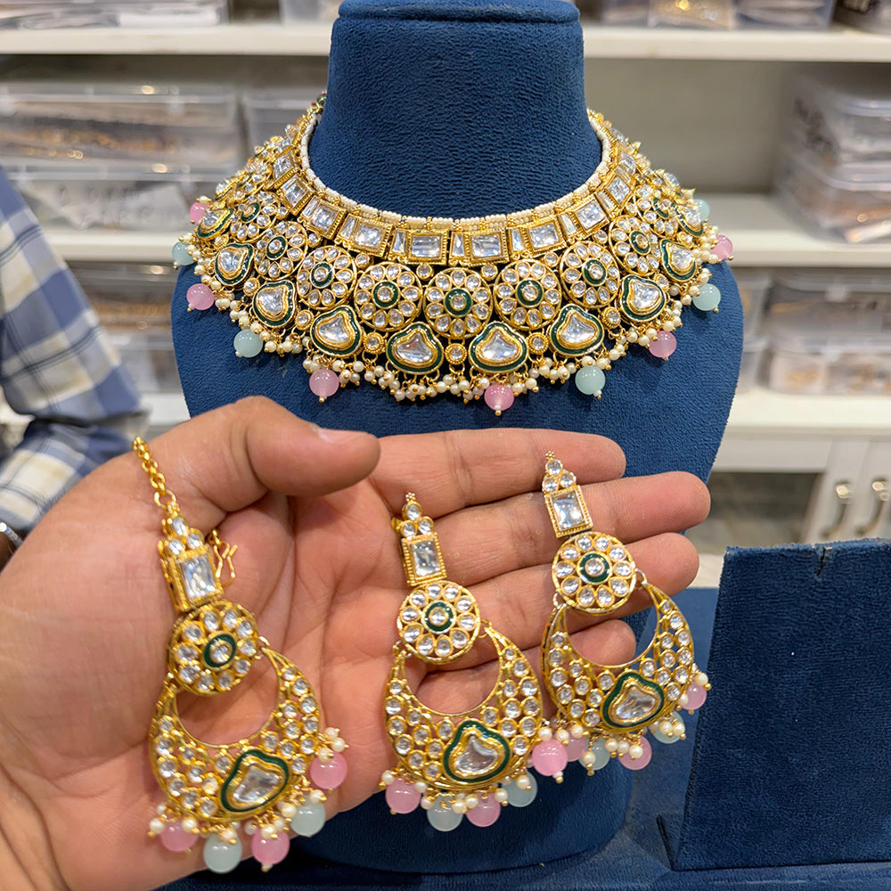 Hira Collections Kundan Stone Glamorous Pearl And Beads Choker Necklace Set