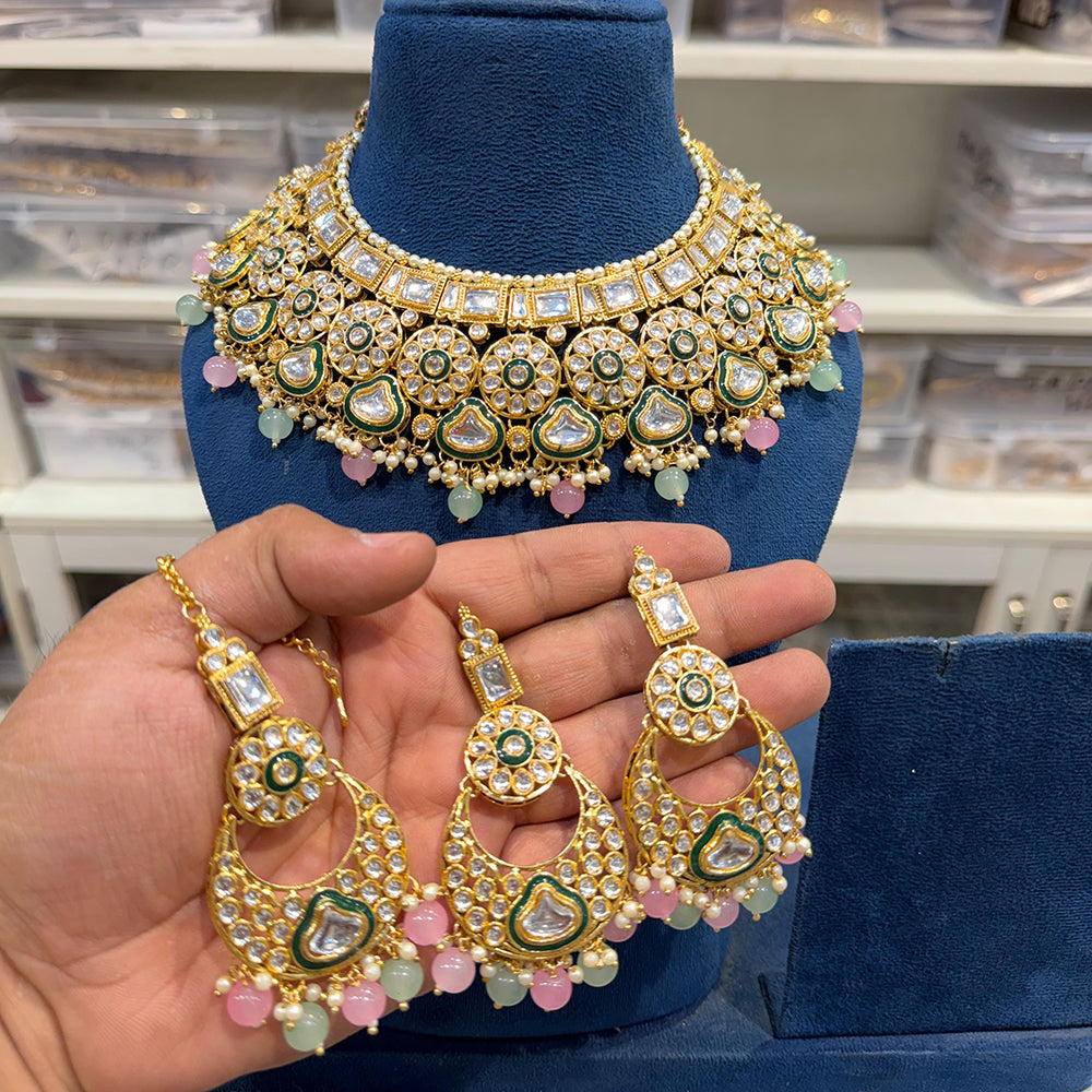 Hira Collections Kundan Stone Glamorous Pearl And Beads Choker Necklace Set