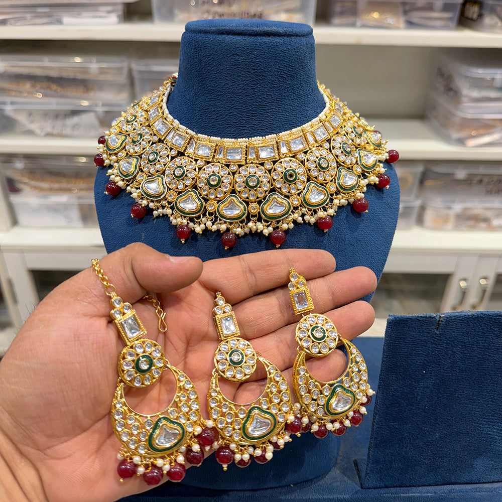 Hira Collections Kundan Stone Glamorous Pearl And Beads Choker Necklace Set