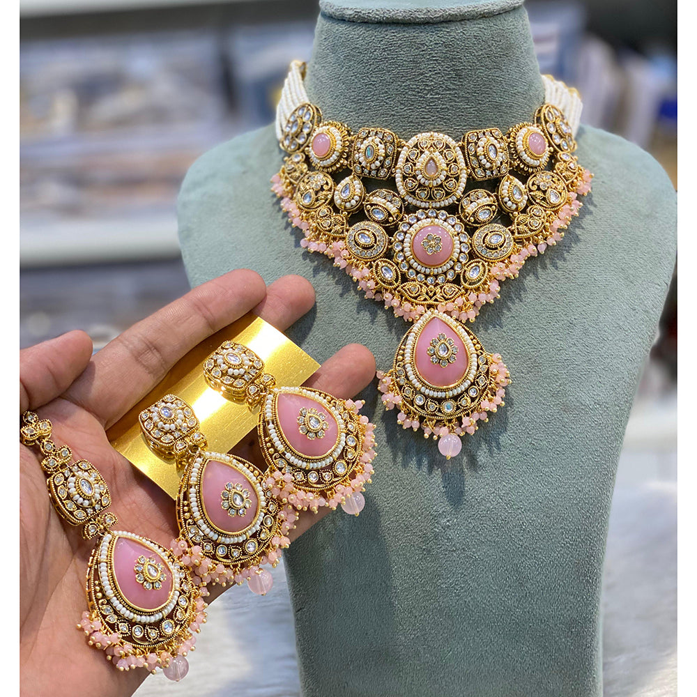 Hira Collections Kundan Stone Glamorous Pearl And Beads Choker Necklace Set