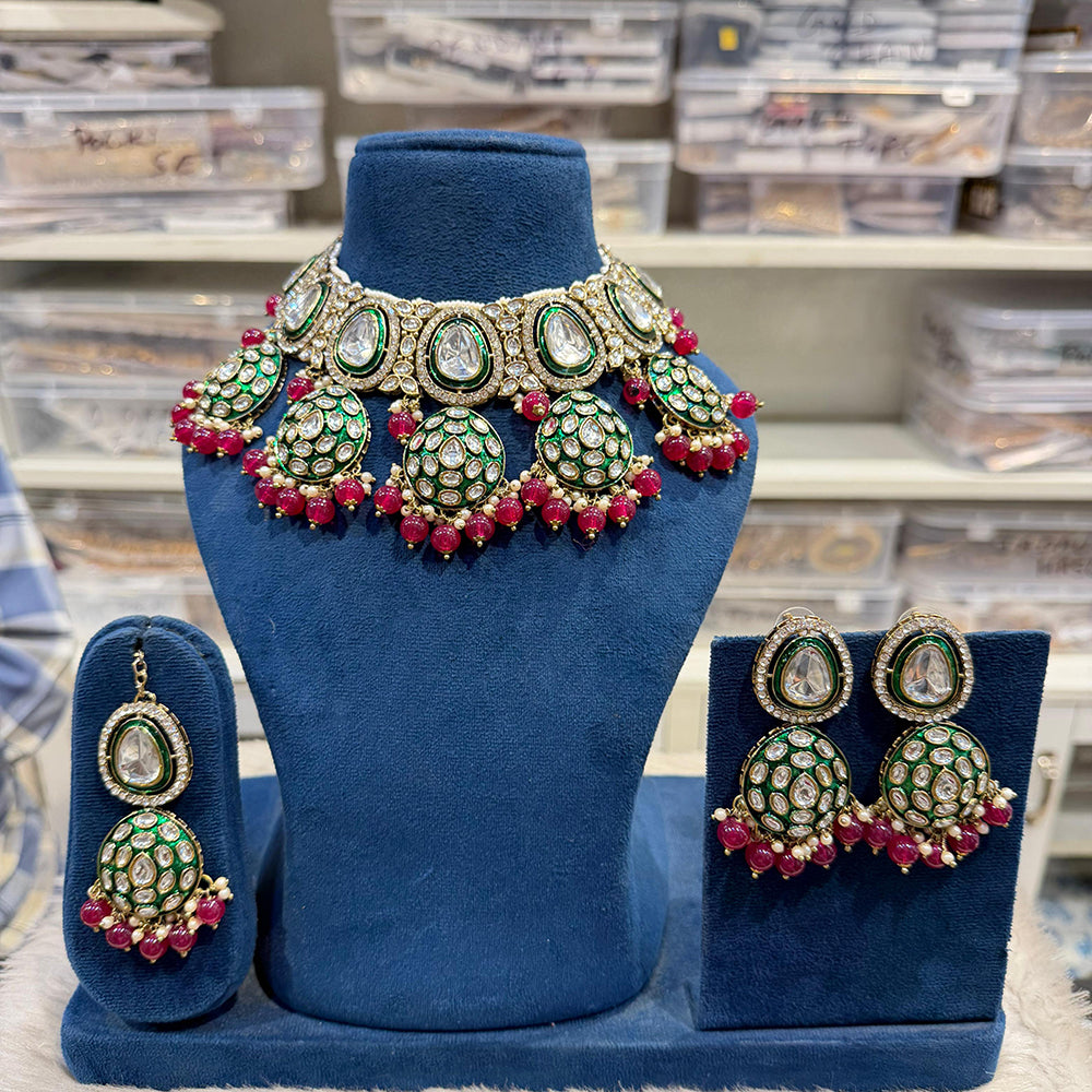 Hira Collections Kundan Stone Glamorous Pearl And Beads Choker Necklace Set