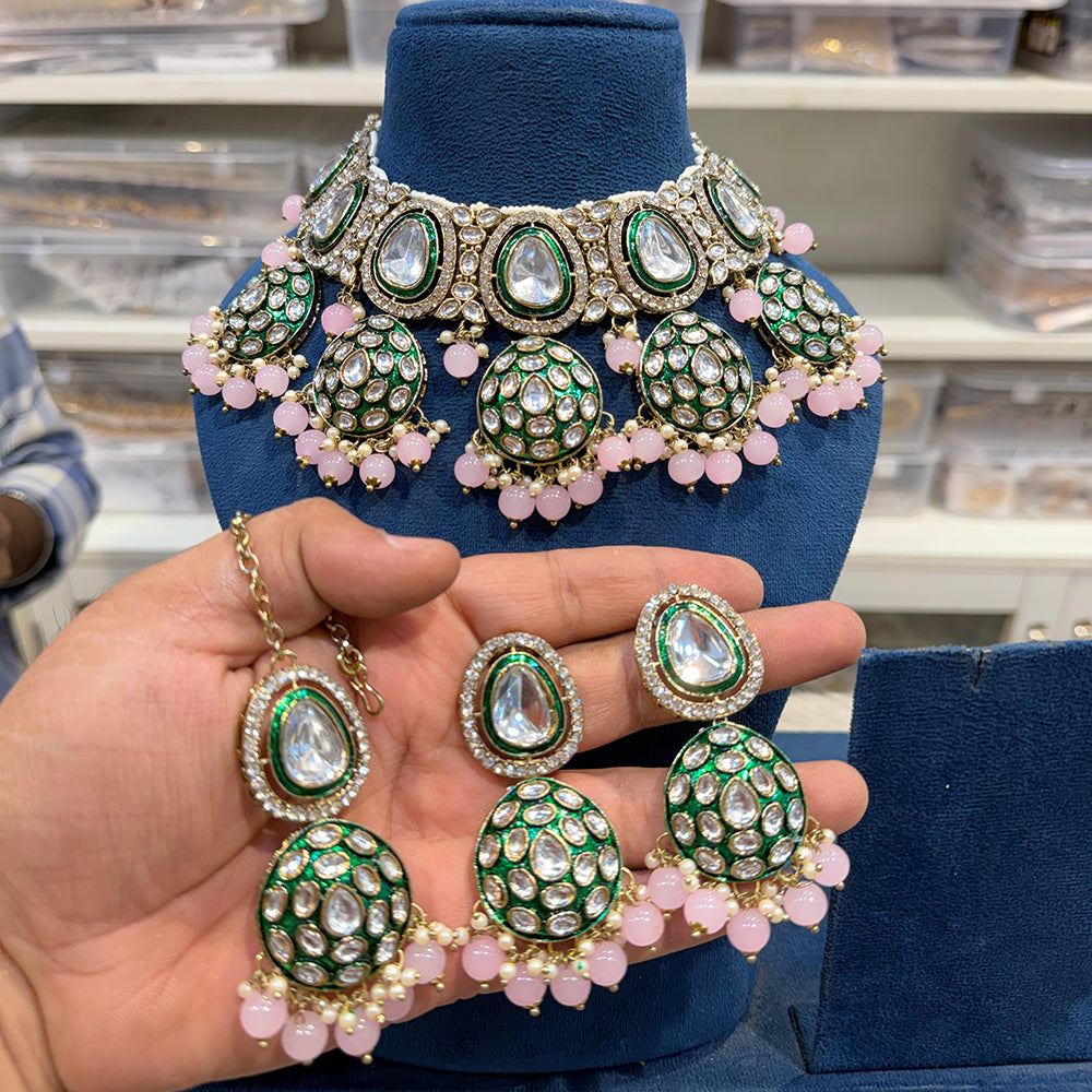 Hira Collections Kundan Stone Glamorous Pearl And Beads Choker Necklace Set