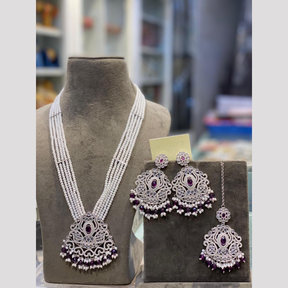 Hira Collections Elegant Crystal Stone Beads And Pearl Long Necklace Set