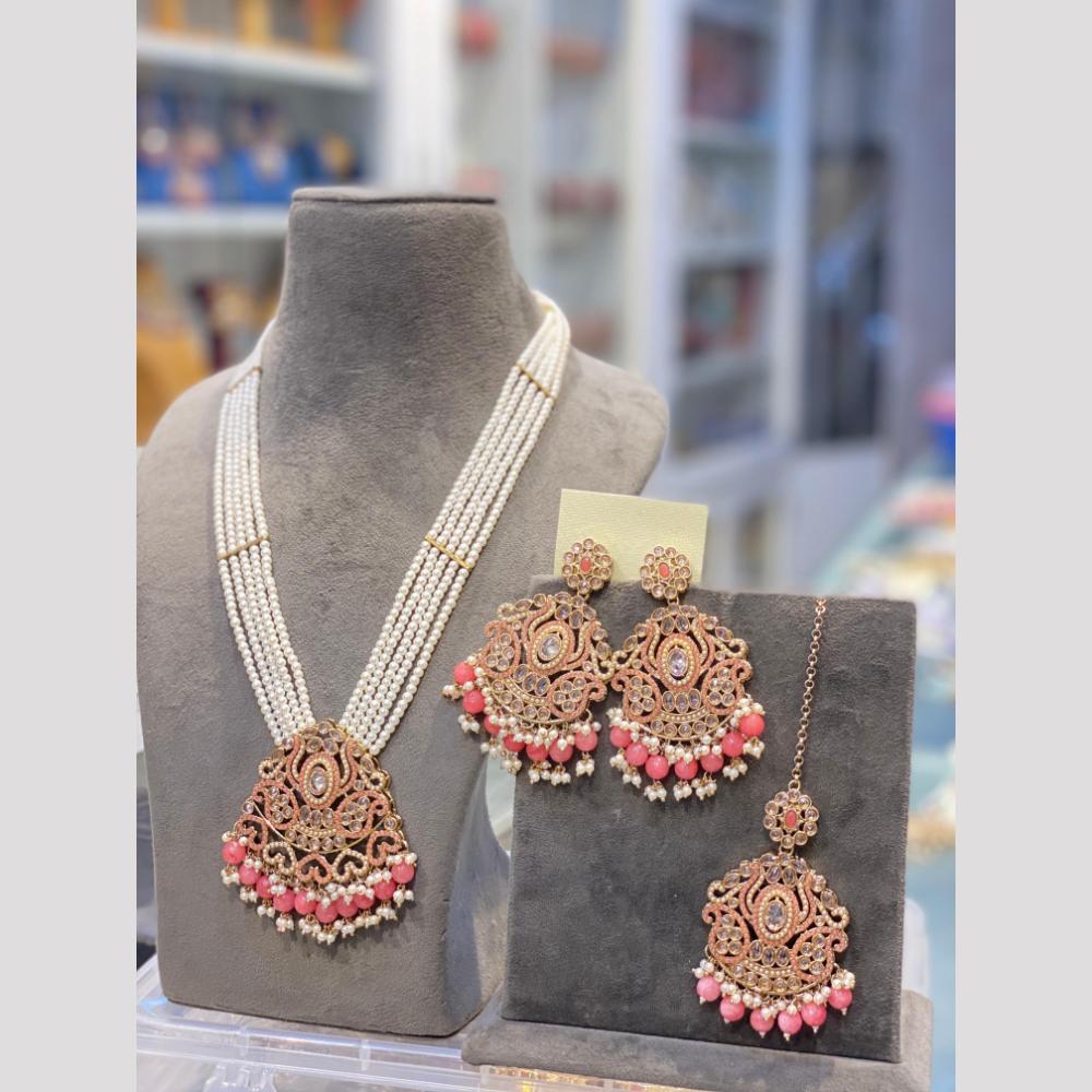 Hira Collections Elegant Crystal Stone Beads And Pearl Long Necklace Set
