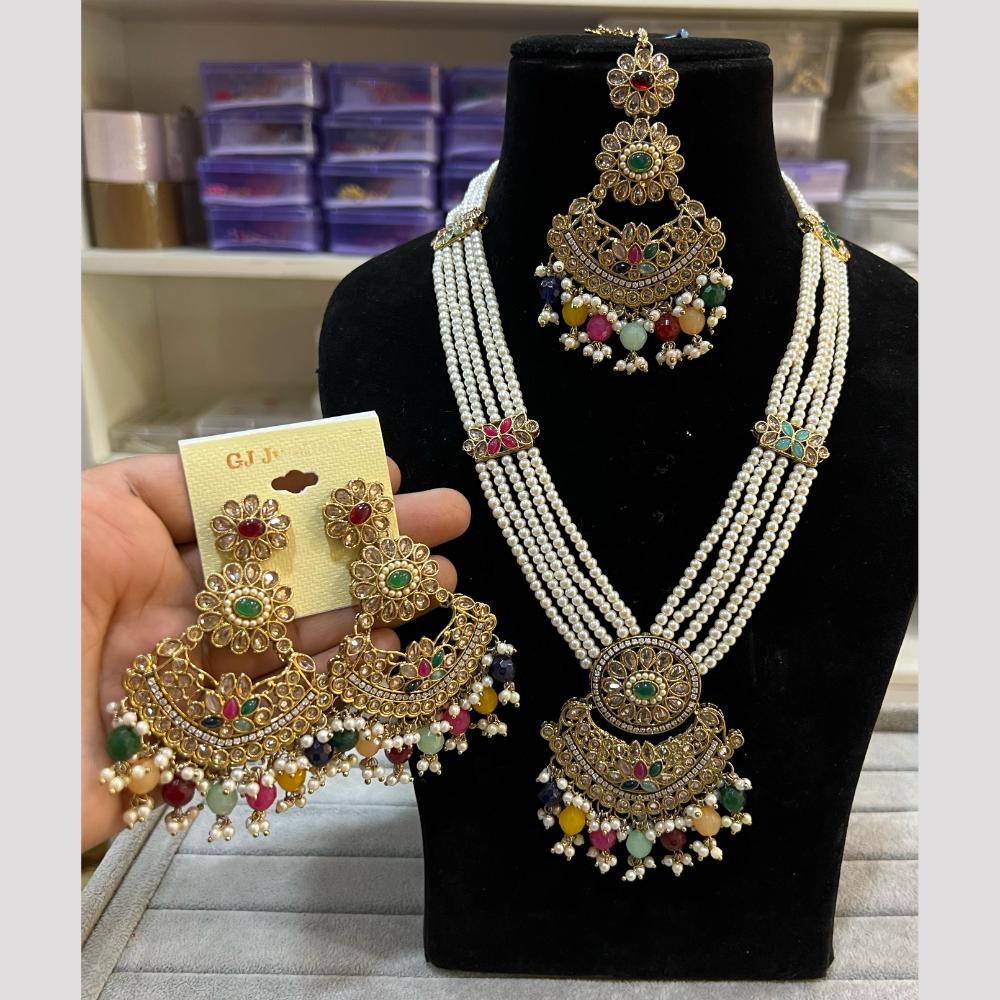 Hira Collections Elegant Crystal Stone Beads And Pearl Long Necklace Set