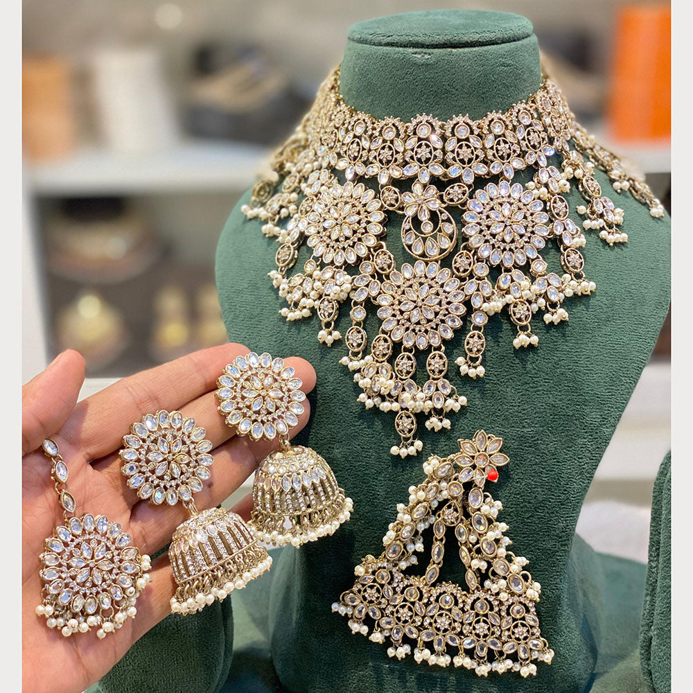 Hira Collections Glamorous Crystal Stone And Pearl Choker Necklace Set