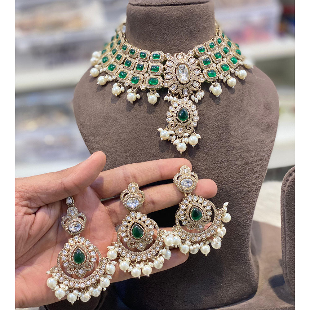 Hira Collections Heritage Style Pota Stone And Beads Choker Necklace Set