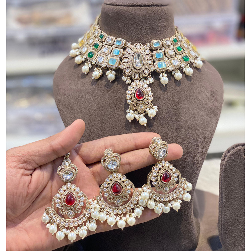 Hira Collections Heritage Style Pota Stone And Beads Choker Necklace Set