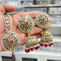 Hira Collections Designer Mirror And Beads Jhumki Earrings With Maangtikka