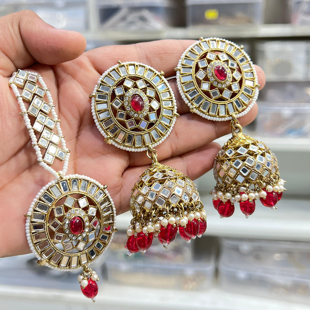 Hira Collections Designer Mirror And Beads Jhumki Earrings With Maangtikka