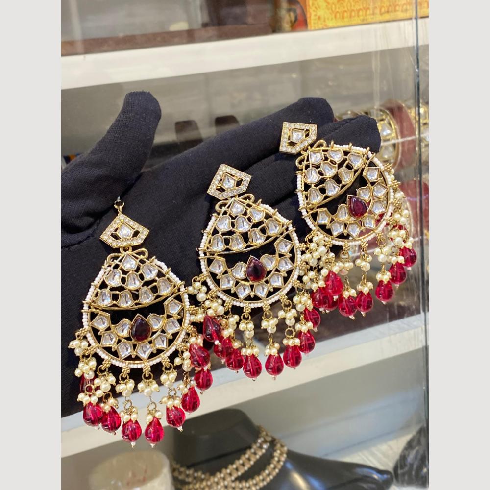 Hira Collections Royal Kundan Pearl And Beads Earrings With Elegant Maangtikka Set