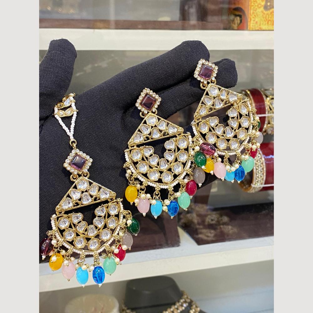 Hira Collections Royal Kundan Pearl And Beads Earrings With Elegant Maangtikka Set