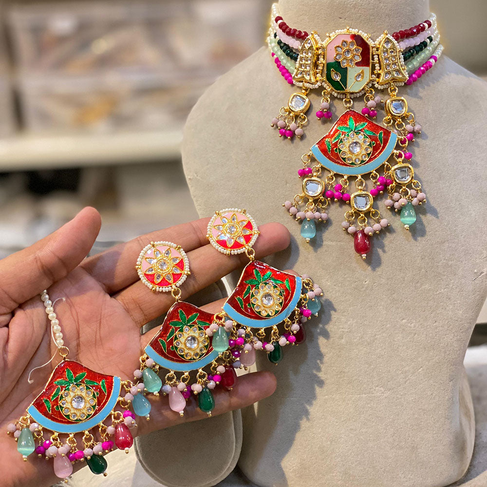 Hira Collections Traditional Kundan And Beads Meenakari Designer Choker Necklace Set