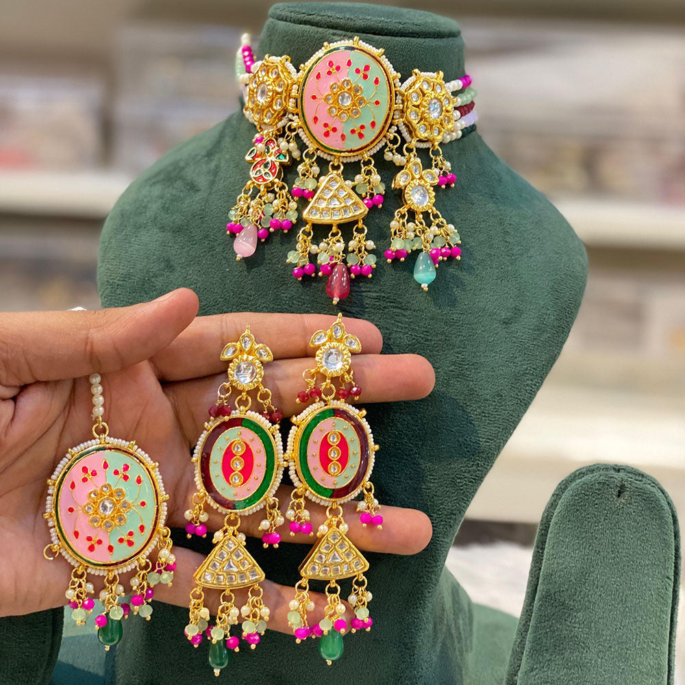 Hira Collections Traditional Kundan And Beads Meenakari Designer Choker Necklace Set